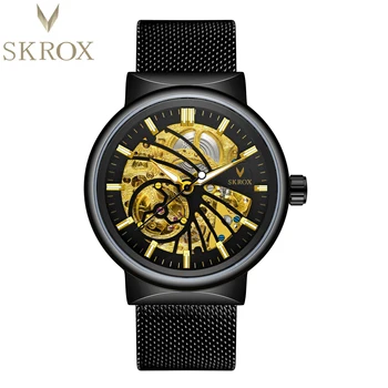 SKROX Black Gold Skeleton automatinis laikrodis vyrams Šviečiančios rankos Aukščiausios klasės prabangūs mechaniniai laikrodžiai Tinklelis Nerūdijančio plieno dirželis