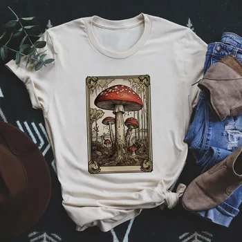 Trumpomis rankovėmis marginta akvarele Miela 90-ųjų miela grybų rašto marškinėliai Moteriški retro viršutiniai moteriški drabužiai apvaliu kaklu Marškinėliai.