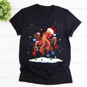 Christmas Octopus Light Xmas Tree Santa Hat Ornamet Unisex marškinėliai ilgomis rankovėmis