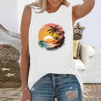Seeyoushy Sea Sunset Coconut Print 2023 Summer New Moteriški marškinėliai Berankoviai O-neck Moteriški Top Y2K estetiniai moteriški drabužiai