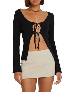 Women s V-Neck Tie Front Long Sleeve Rib-Knit Cardigan Sweater Open Front Shirts Crop Top