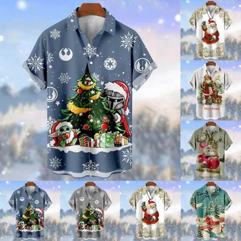 Vyrų Kalėdų mados tendencija atspausdinta Trumpomis rankovėmis atlapo sagos žemyn marškiniai Europietiško amerikietiško stiliaus vyriški drabužiai Gražūs vyrai