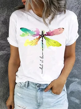 Dragonfly Print Crew kaklo marškinėliai, kasdieniai marškinėliai trumpomis rankovėmis pavasariui ir vasarai, moteriški drabužiai