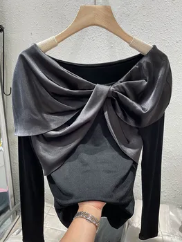 Europos aukštos klasės juodi marškinėliai ilgomis rankovėmis moterims Saldūs lankas Knotted V-neck Tshirt Ladies Girls Slim Basic Autumn Top Tee