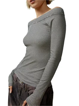 Moterys s Y2K Slim Fit Off-Shoulder Tops Ilgomis rankovėmis valties kaklo marškinėliai, išeinantys į viršų Aptempti marškinėliai Gatvės apranga