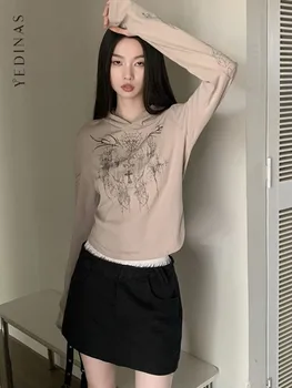 Yedinas Gothic Print Marškinėliai su gobtuvu Moteriški drabužiai ilgomis rankovėmis Ruduo 2023 Grunge Estetiniai vintažiniai grafiniai marškinėliai Femme Y2k