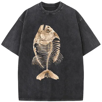 Fish-Skeleton Hanger Vyriški marškiniai trumpomis rankovėmis Hip Hop Streetwear Vyriški skalbti marškinėliai Vintažiniai spalvoti vyriški marškinėliai