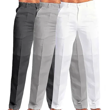 Vyriškos tamprios medvilninės lininės kelnės Solid Soft Slim Fit Ilgos kelnės Tiesi mada Elegantiškos klasikinio stiliaus laisvalaikio kostiumo kelnės