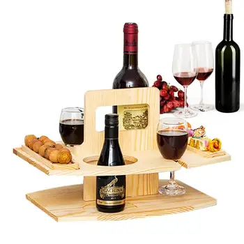 Lauko vyno padėklas Medinis vyno taurių laikiklis ir užkandžių stalas Didelės talpos nuimamas tvirtas lauko užkandžių vyno padėklas paplūdimiui