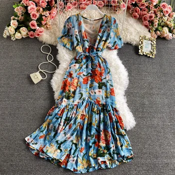 V Kaklas Plonas juosmuo Spausdinti trimito suknelė 2021 m. pavasario vasaros Japonijos stilius Moteriškos suknelės Saldžios pūstos trumpomis rankovėmis Vestidos