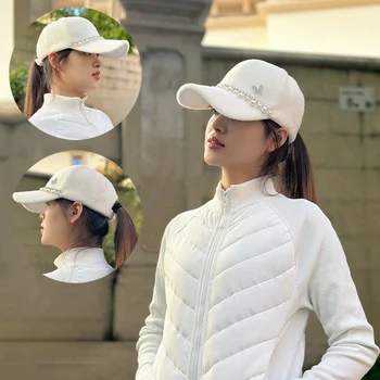 SG Moterys Šiltos vėjo nepraleidžiančios golfo kepurės Fashion Ladies Plush Pearl Beisbolo kepurės Žiemos merginos Laikyti šiltas Reguliuojamos kepurės Lauko skydelis