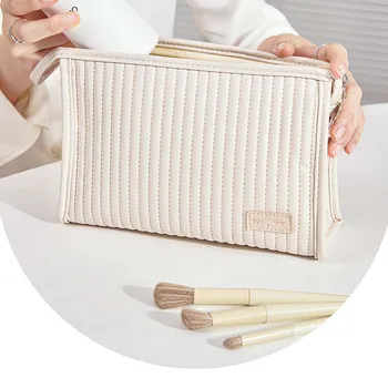 Cute Stripe Briefcase Makeup Bag Portable Multipurpose Wash Bag Travel Storage Supplies