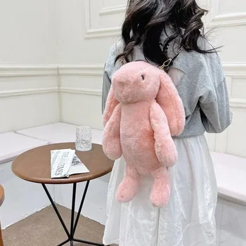 Long Ear Rabbit Doll Fashion Imitation Rex Rabbit Fur Bag Plush Backpack Chain Strap Children's Bag Chain Crossbody Bag Knapsack