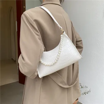 Pažastų krepšys Moterys Retro rankinė PU Odinė pažastis Pečių krepšys Fashion Pearl Top Handle Bag Female Small Subaxillary Bag Clutch