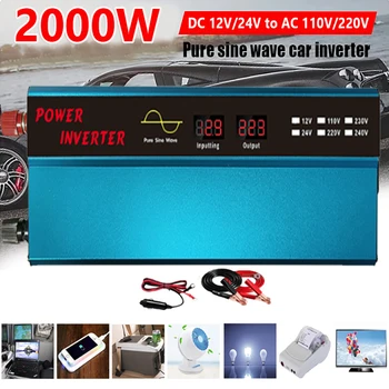 2000W grynas sinusinės bangos keitiklis nuo 12V iki 110V / 220V galios keitiklio LED ekrano transformatoriaus keitiklis namų lauko RV automobilių stovyklavimui