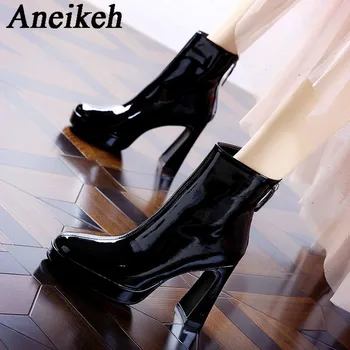 Aneikeh2024 Winter Elegant Patent Leather High Heel Mid Blauzdos batai Moteriški smailus pamušalasShort Plush Zipper Chelsea batų vakarėlis