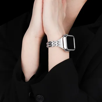 Metalinis dirželis+dėklas, skirtas Apple Watch Series 41mm 45mm 40mm 44mm 38mm 42mm iWatch 7 6 SE 5 4 3 Diamond Band nerūdijančio plieno apyrankė