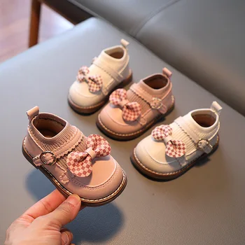 Baby Girls odiniai batai 2023 Pavasario ir rudens saldūs Bowtie Princess batai Casual Versatile Kids Minkštas padas Megzti plokšti batai