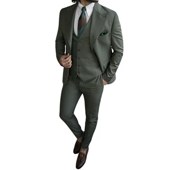 Madingi vyriški kostiumai Green Slim Fit 3 dalių švarko liemenės kelnių komplektas / vestuvių jaunikio drabužiai Verslas Klasikiniai vyriški drabužiai / laisvalaikio suknelė