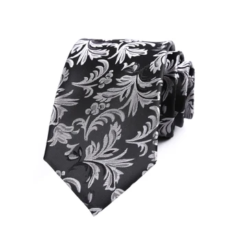 New 7CM Mens Necktie Black Sliver Flowers Ascot Ties For Man Polyester Silk Cravat Wedding Business Holiday Party Corbatas Para