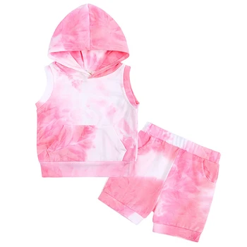 2Piece Summer Toddler Berniukų drabužiai Baby Girls Boutique apranga Laisvalaikio gobtuvo berankovės viršūnės+Šortai Vaikiški drabužių komplektai BC2097-1