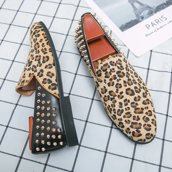 Leopard Men Loafer Slip On Designer Knvets Stud Shoes Punk Style Men Fashion Shoes Handmade Moccasins British Style Club Batai
