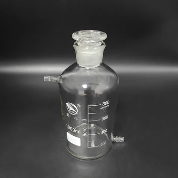 SHUNIU Reagento buteliukas, Siauras kaklelis su standartiniu šlifo kamščiu, Su viršutiniu ir apatiniu šoniniu vamzdeliu, Skaidrus, Boro. 3.3 stiklas
