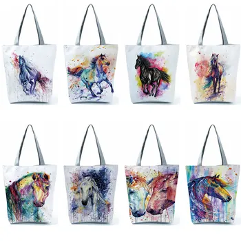 Pritaikomas pečių krepšys Akvarelės arklys Atspausdintos kasdienės rankinės moterims Sulankstomos ekologiškas daugkartinio naudojimo pirkinių krepšys Keliaujantis tote
