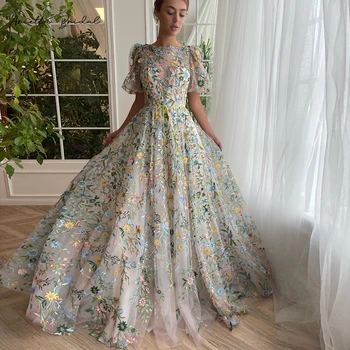 Arietta gėlių siuvinėjimo nėriniai Maxi Prom suknelės Vientisa iškirptė trumpomis rankovėmis A-line vestuvinės suknelės Oficialios vakarinės suknelės