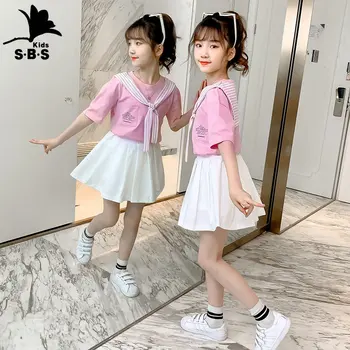 Girls' summer suit 2023 nauji vaikiški ir studentų plisuoti sijonai ir koledžo stiliaus 2 dalių komplektas