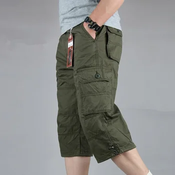 Summer Casual Long Length Cargo Shorts Men Cotton Multi Pocket Baggy Capri Hot Breeches Tactical Military Army Cropped Kelnės