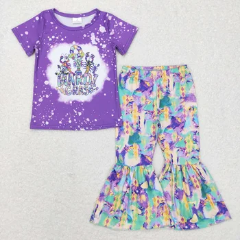 Didmeninė prekyba Baby Girl Mardi Gras Kids trumpomis rankovėmis Vėžių marškinėliai Trikotažiniai drabužiai Komplektas Mažylis Violetinė apranga Vaikiškos varpinės kelnės