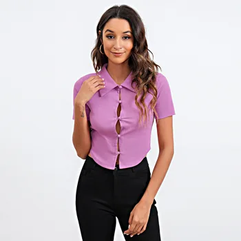 Moteriški marškinėliai trumpomis rankovėmis su sagomis žemyn Slinky Crop viršutinės apykaklės marškiniai 2024 m. pavasario violetinių šonkaulių megzti marškinėliai moteriai