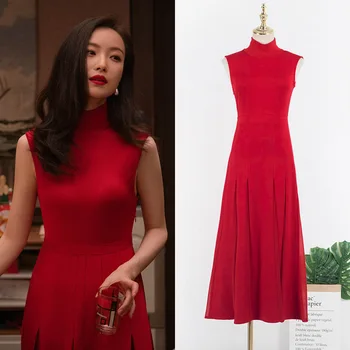 Kpop Korėjos dainininkė Raudona aukšta apykaklė be rankovių kulkšnies ilgio ilga suknelė Moterys Vakarinis vakarėlis Temperamentas Aukštas juosmuo Seksualios suknelės