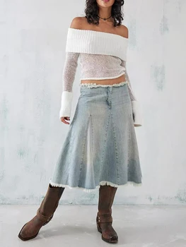 Viqwqii Moteriškas megztukas Crop Tops Off Shoulder Solid Color Marškinėliai ilgomis rankovėmis Apkarpytas megztinis
