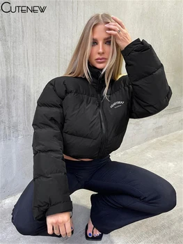 Cutenew Women Fashion Letter Siuvinėjimas Užtrauktuku Medvilninė striukė Žieminis šiltas vėžlys Puff Coat Black Casual Slim Lady Streetwear