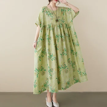 Johnature Summer 2023 Naujos suknelės Casual Loose Floweral Breathable Print Green Pockets O-neck Pullover Moteriškos suknelės