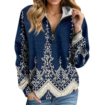 Moteriški oversized džemperiai pusiau užtrauktuku ilgomis rankovėmis džemperis su gobtuvu Vintažinis gėlių margintas megztinis su kišene Ropa de Mujer