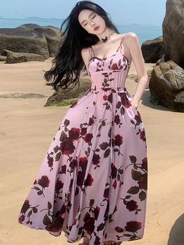 Korėjietiško stiliaus spauda Gėlių paplūdimio suknelė be nugaros Moterys Vasaros suknelė be rankovių be rankovių Elegantiška vakarinė vakarinė suknelė