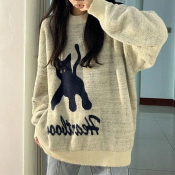 Harajuku Sutirštinkite šiltą žieminį megztinį Patogūs oversized megztiniai Japonų katės anime Y2K Tops Hip Hop Vyrai Moterys Gotų drabužiai