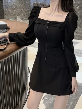 Vestidos Šifono juoda įvyniojimo suknelė Moterys Vintažinė elegantiška įvyniojimo vakarėlis Trumpos suknelės Vakarinis kvadratinis apykaklės chalatas 2023 Rudens mada