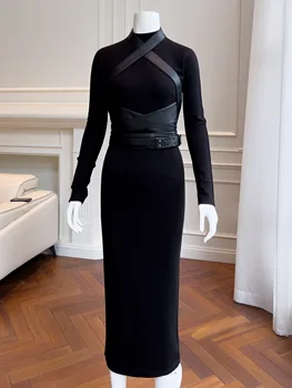 YIGELILA Fashion Women Black Knitting Long Dress Bodycon Tvarstis Elegant Stand Neck Full Sleeve Empire Slim Ankle-length 68188