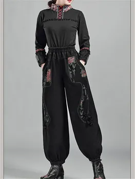 2023 Pavasario rudens moteriški džinsai Kinų etninio stiliaus siuvinėti žiedai Laisvai prigludusios vintažinės moteriškos džinsinės plačios kojos Kelnės