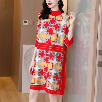 2023 Red Print Midi suknelė Pavasarinė rudens šilta elegantiška Bodycon Plisuota suknelė Moterys Korėjos vintažinis laisvalaikio vakarėlis Vakaras Vestidos