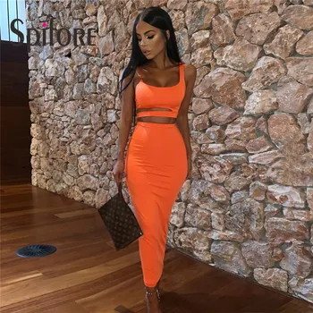 Spifore Sexy Party Clubwear Women Two Piece Set Hollow Out Crop Top High Waist Bodycon Long Sijons Summer Solid Matching Apranga