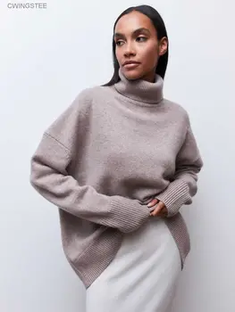2023 Kašmyras Elegantiškas vėžlio kaklas Moterų megztinis Minkštas megztinis Pagrindiniai megztiniai O Kaklas Laisvas šiltas moteriškas trikotažas Džemperis