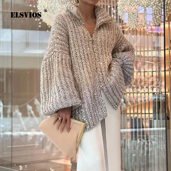 2023 m. rudens žiema Naujas moteriškas blizgučių megztas megztinis Elegantiškas vienspalvis V formos kaklo žibintų rankovės Laisvas tingus vėjas Lady megztinis