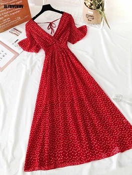 Moterys Šifono ilga suknelė Gėlių atspaudas Trumpomis rankovėmis Aukštas juosmuo A-linija Raudona seksuali suknelė Vestidos Naujos vintažinės V kaklo vasarinės suknelės