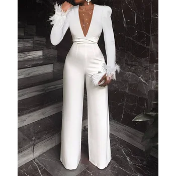 Moteriškas apvalus kaklas ilgomis rankovėmis tinklelio sujungimas Slim Fit Wrap Klubo baltas kombinezonas, vakarinė suknelė