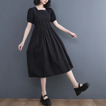 2022 Naujas atvykimas Japoniško stiliaus kvadratinė apykaklė Gatvės mada Saldi Grilo juoda vasarinė suknelė Lieknas juosmuo Moterys Laisvalaikio midi suknelė